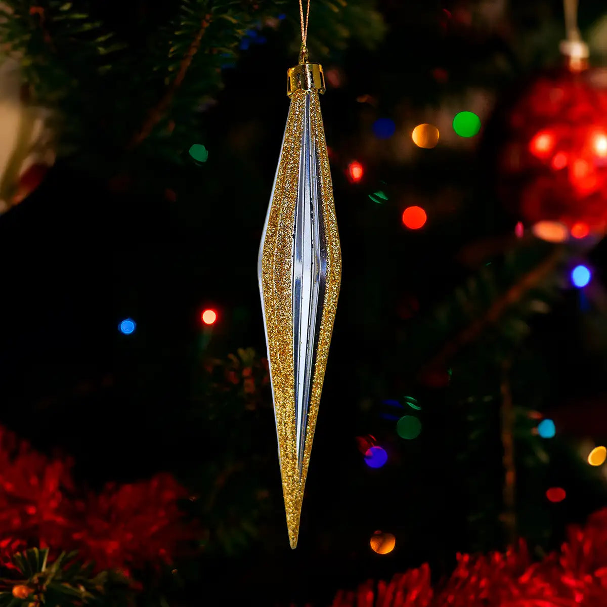 Esferas Navideñas, Forma Diamante Largo, Color Oro, 2 pzas