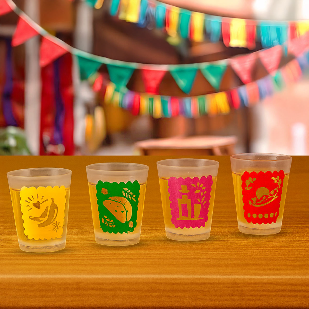 Vasos para Shots, Diseño Papel Picado, 4 pzas