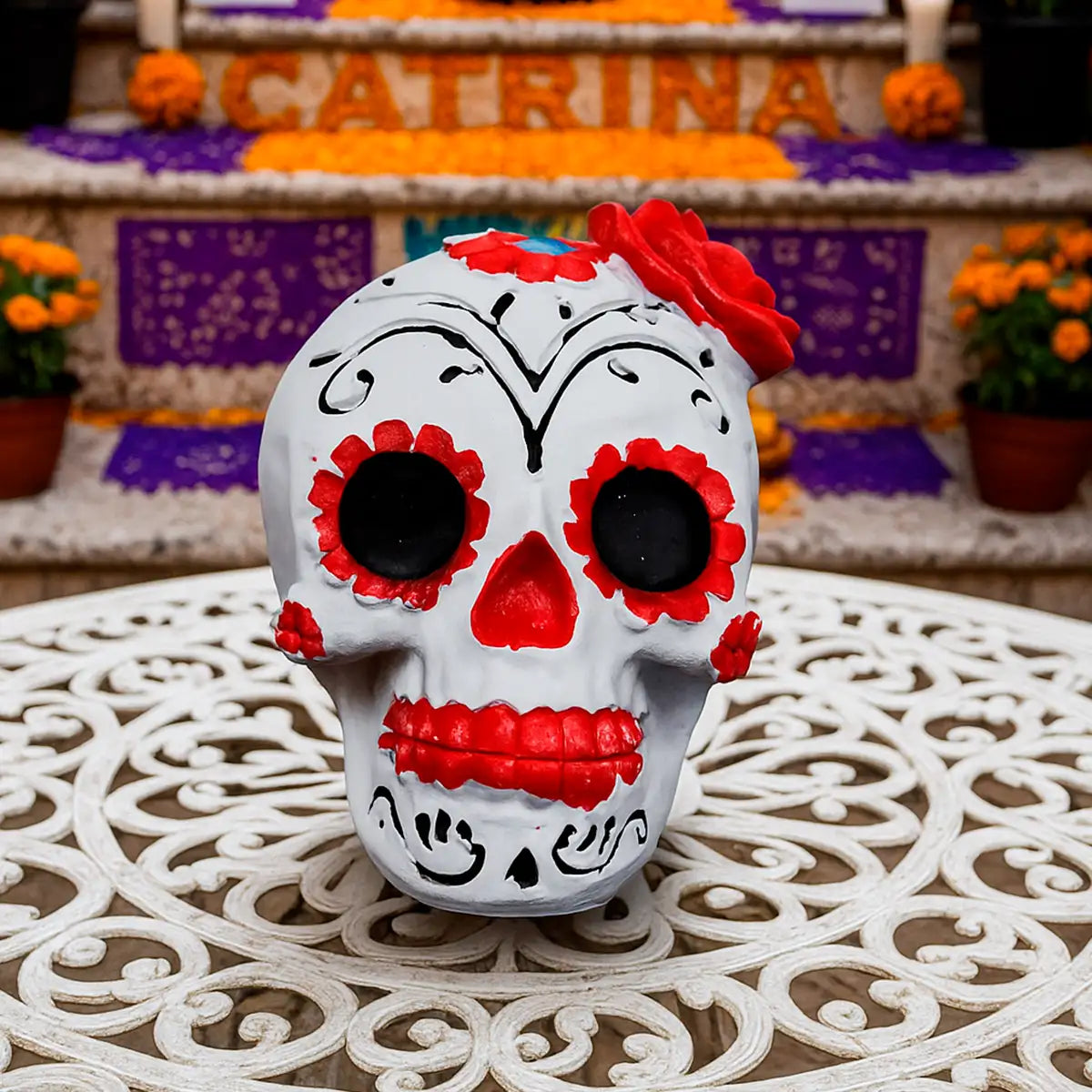 Catrina, Flores, Figura de Cerámica, Color Rojo
