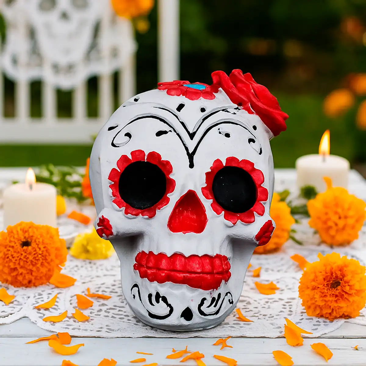 Catrina, Flores, Figura de Cerámica, Color Rojo