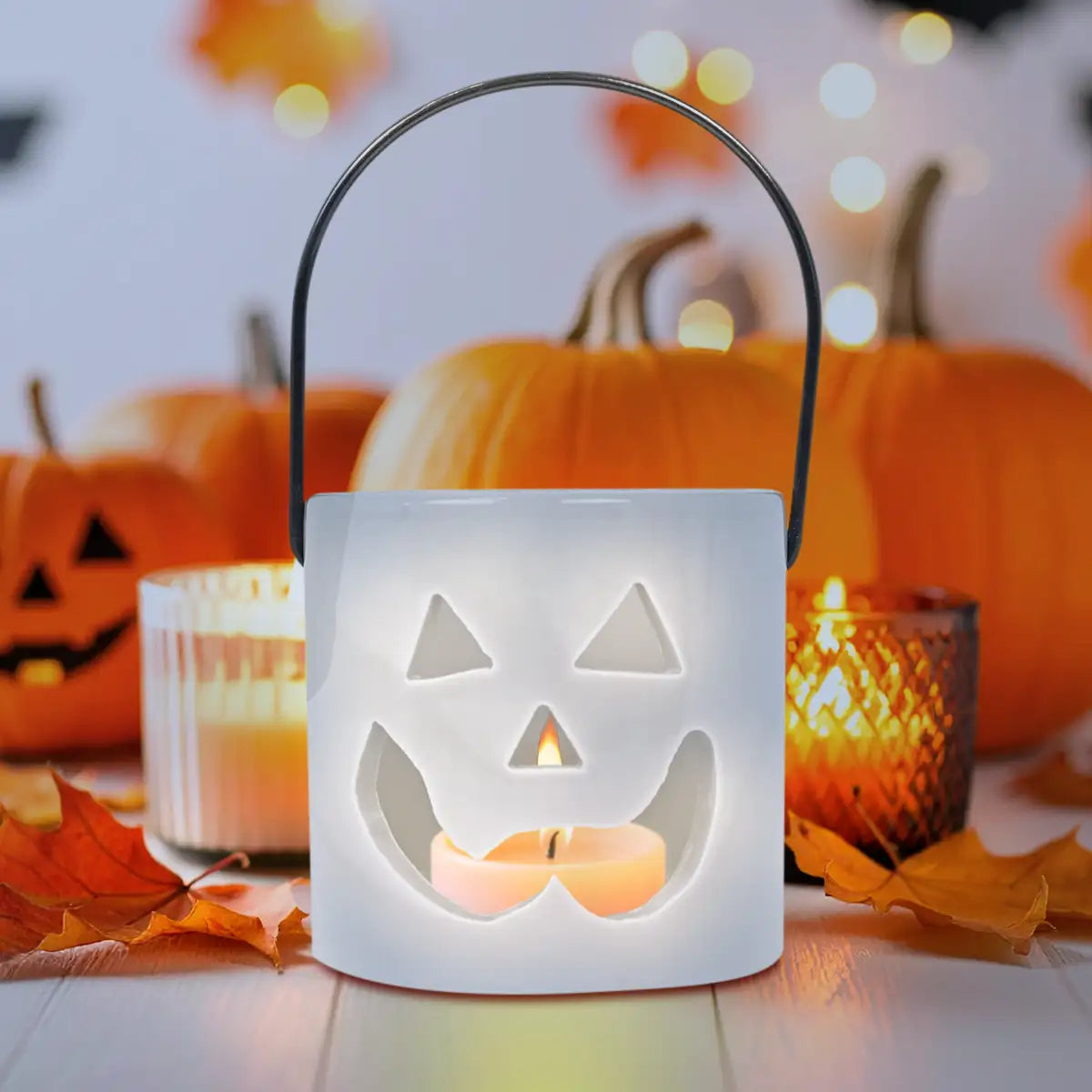 Calabaza, Portavela de Cerámica, Color Blanco