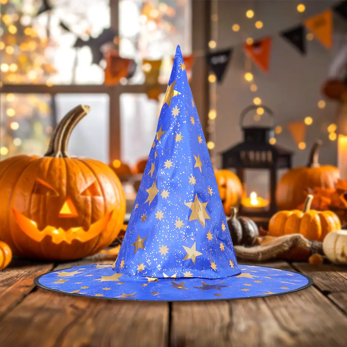 Sombrero de Bruja, Disfraz, Diseño Estrellas, Color Azul