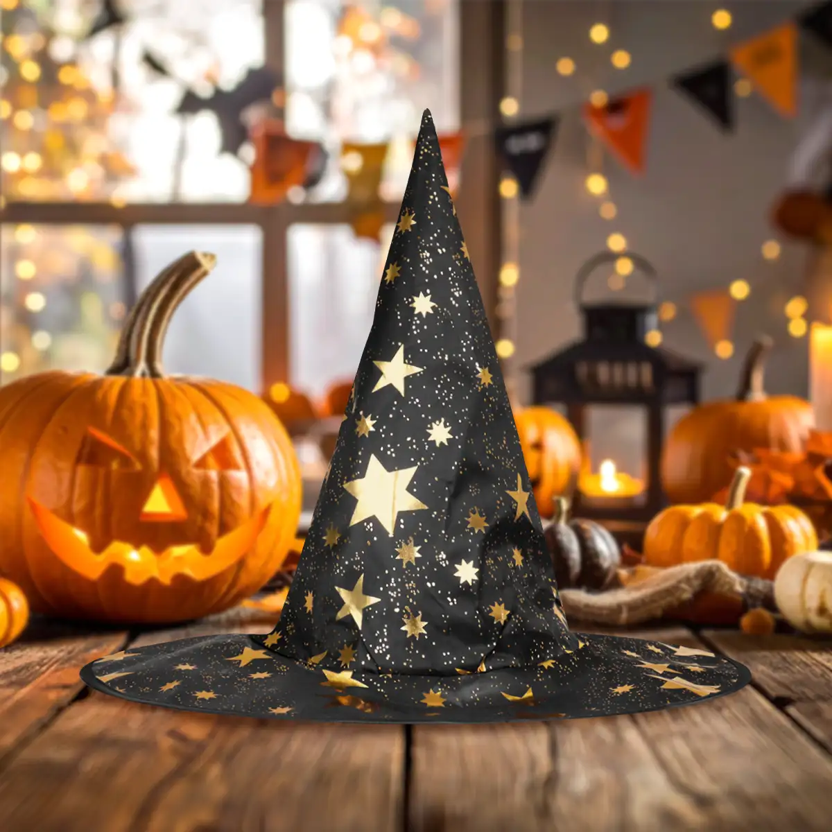 Sombrero de Bruja, Disfraz, Diseño Estrellas, Color Negro