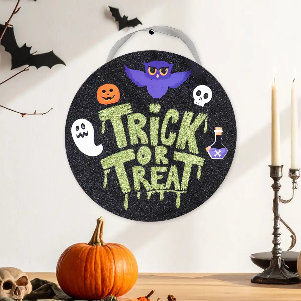Trick or Treat, Letrero Colgante con Glitter, Halloween