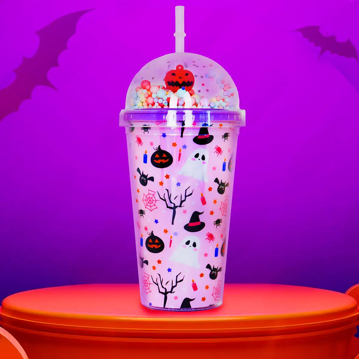 Fantasmas, Vaso de Plástico con Tapa y Popote