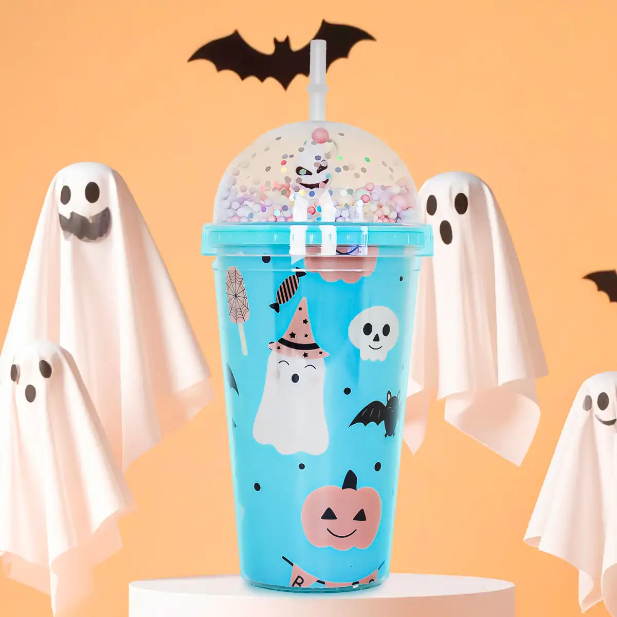 Halloween, Vaso de Plástico con Tapa y Popote
