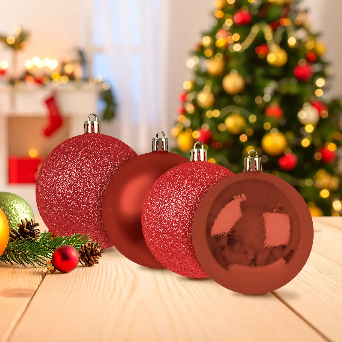 Kit de Esferas Navideñas, 4 pzas, Color Rojo