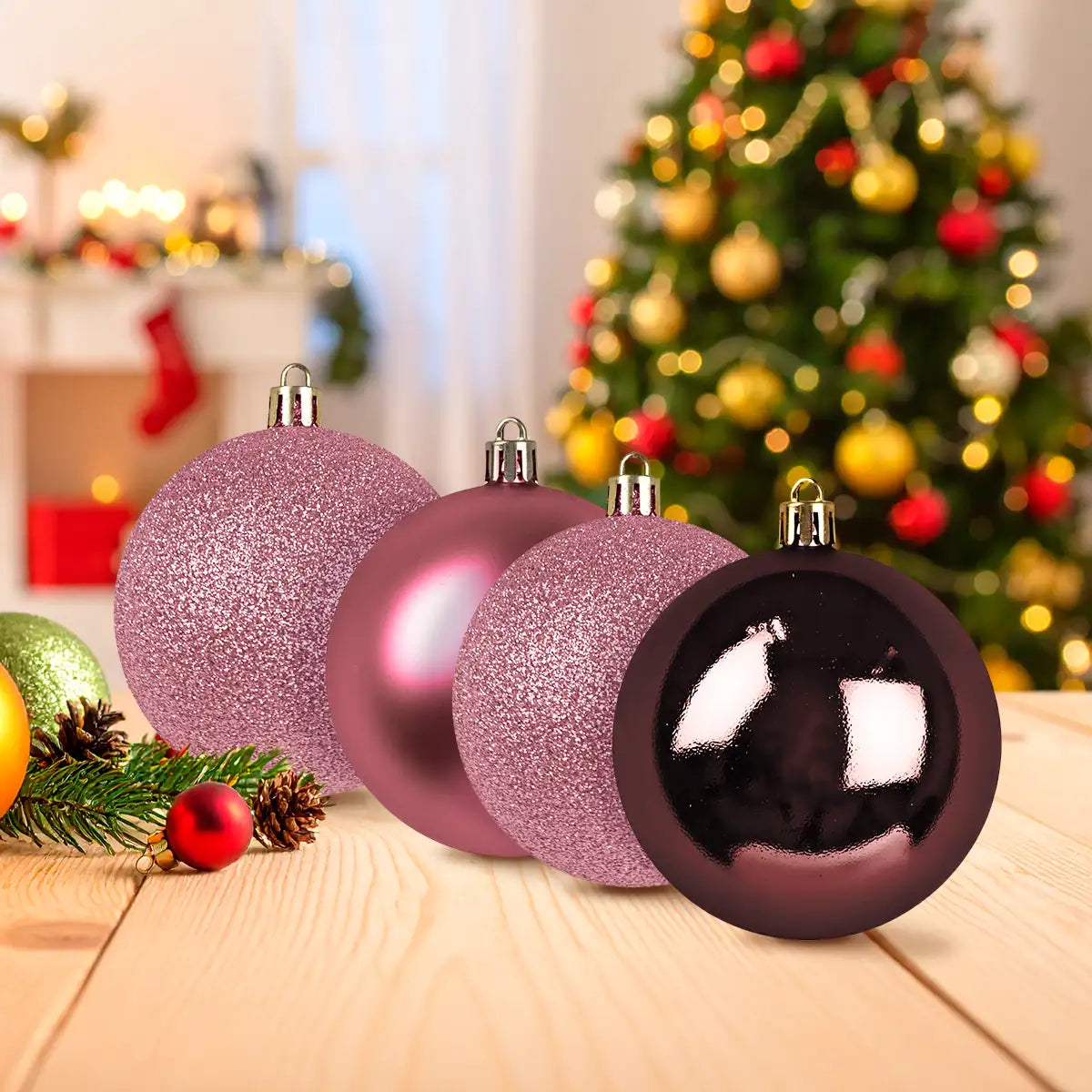 Kit de Esferas Navideñas, 4 pzas, Color Vino