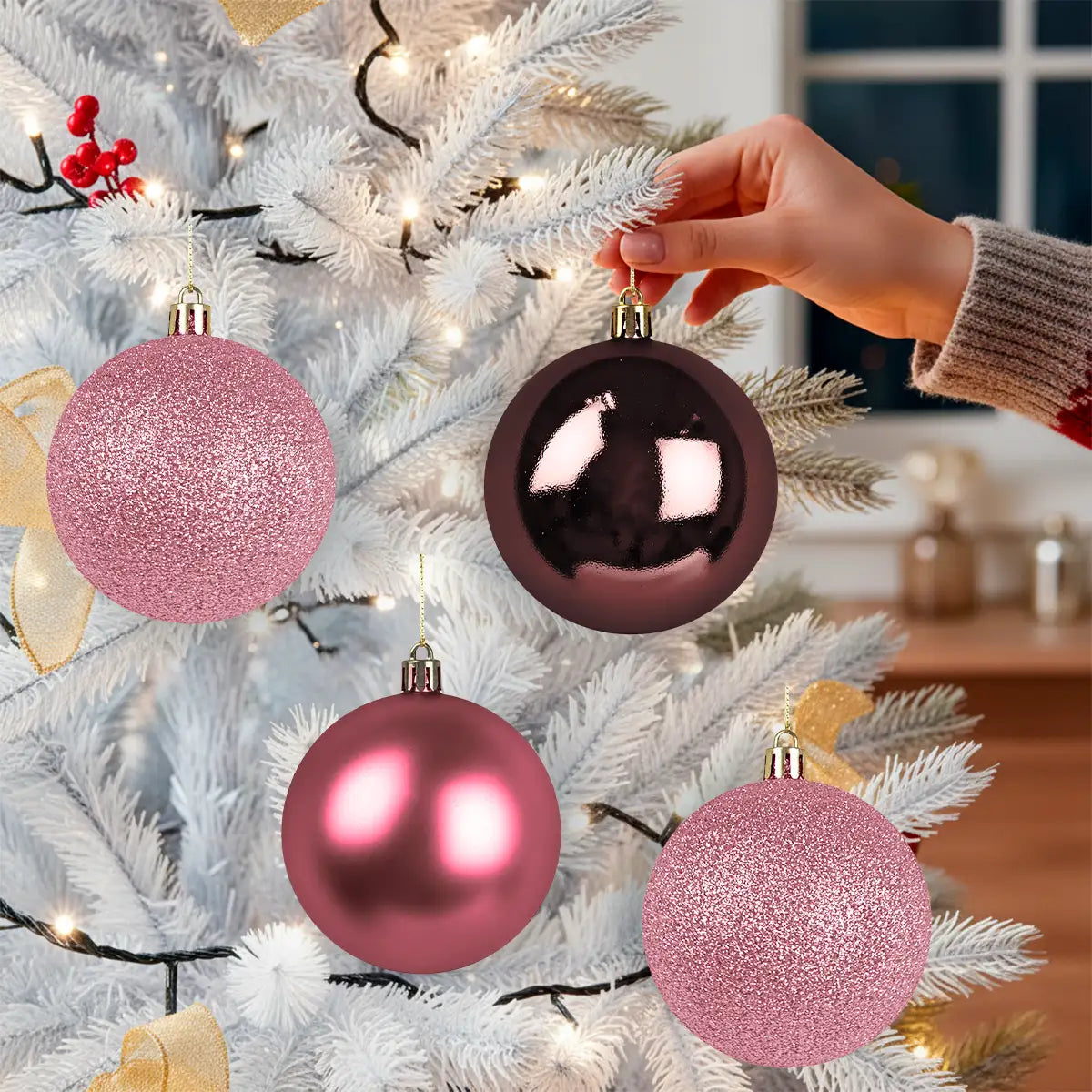 Kit de Esferas Navideñas, 4 pzas, Color Vino