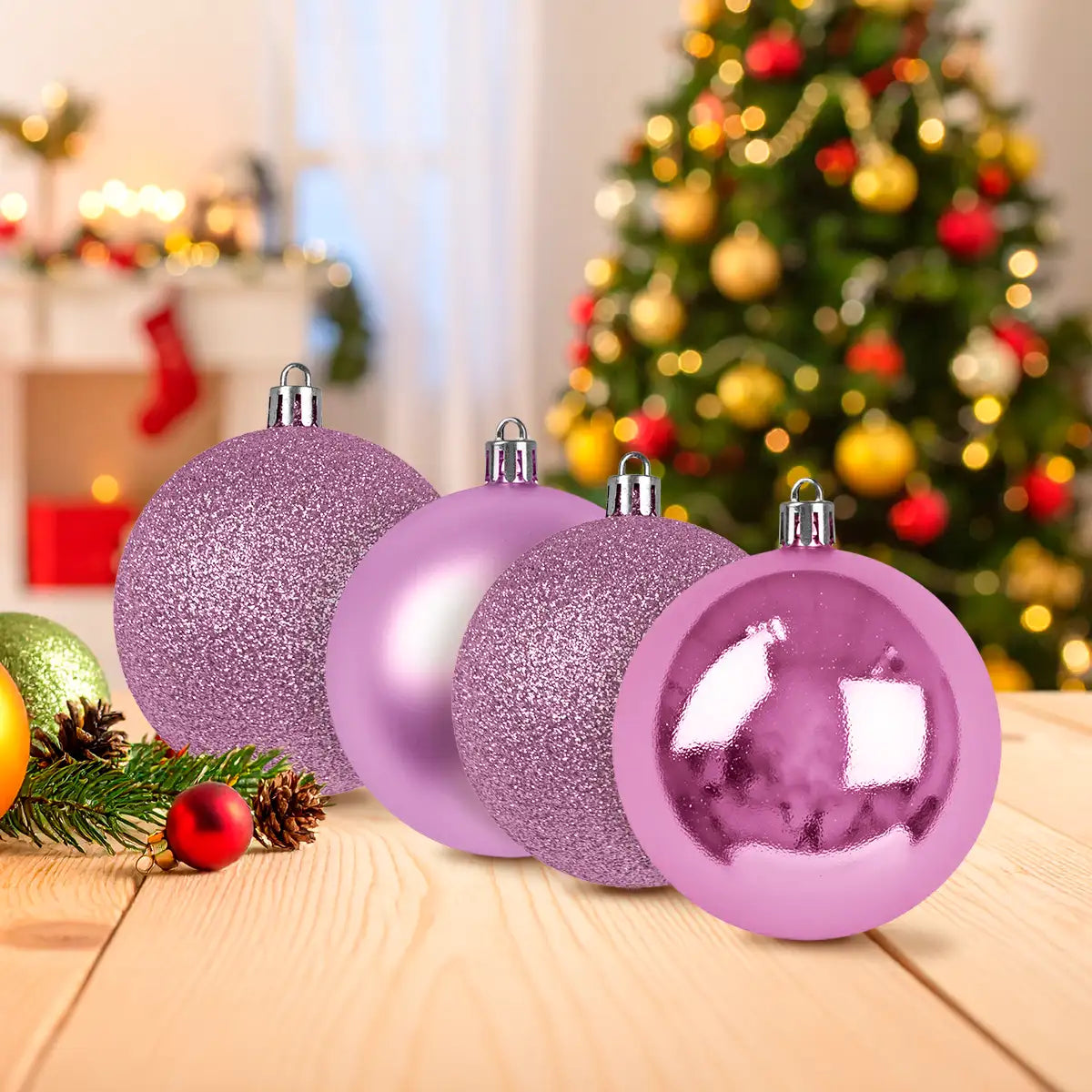 Kit de Esferas Navideñas, 4 pzas, Color Morado