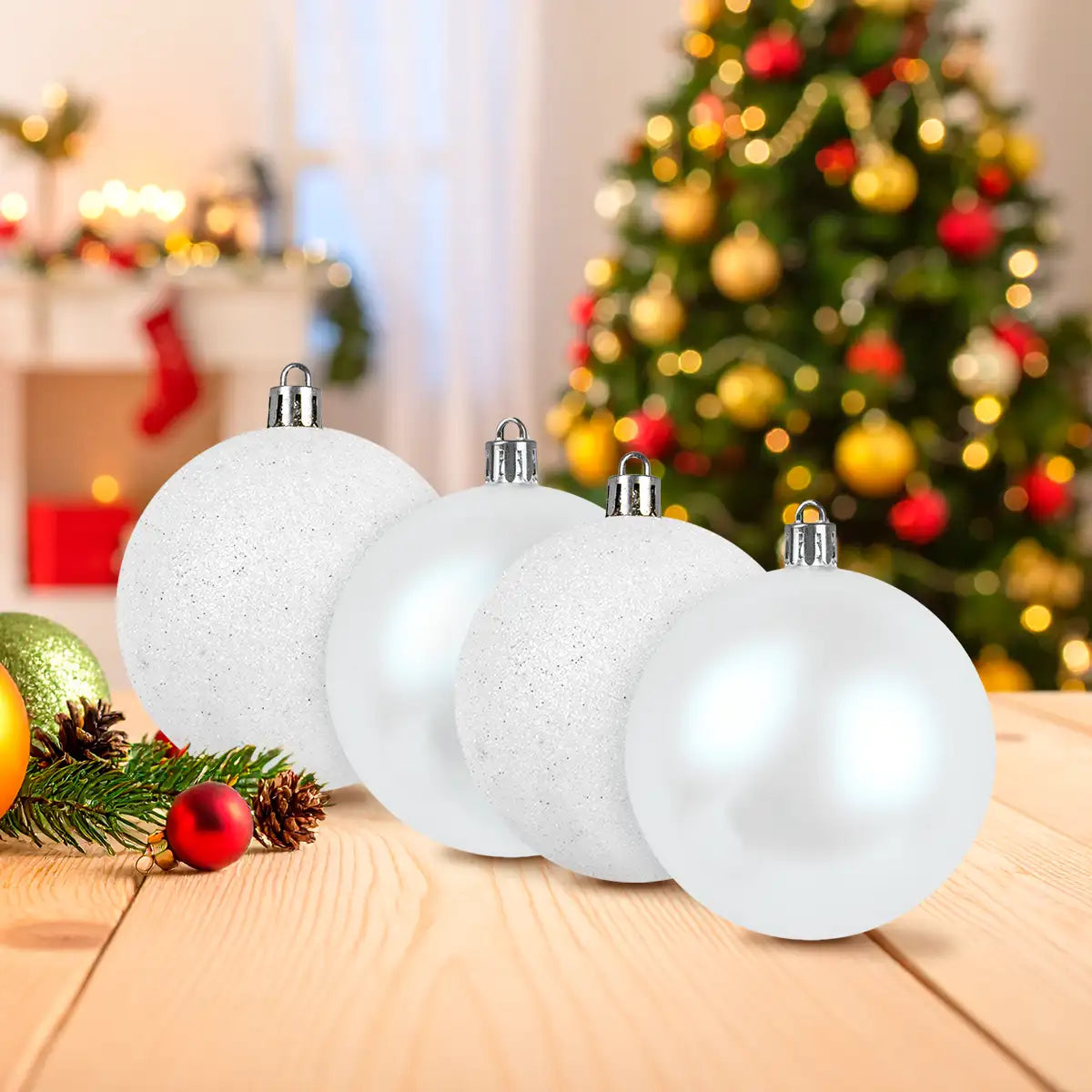 Kit de Esferas Navideñas, 4 pzas, Color Blanco