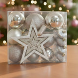 Kit Navideño de Esferas y Estrella, 18 pzas, Color Champagne
