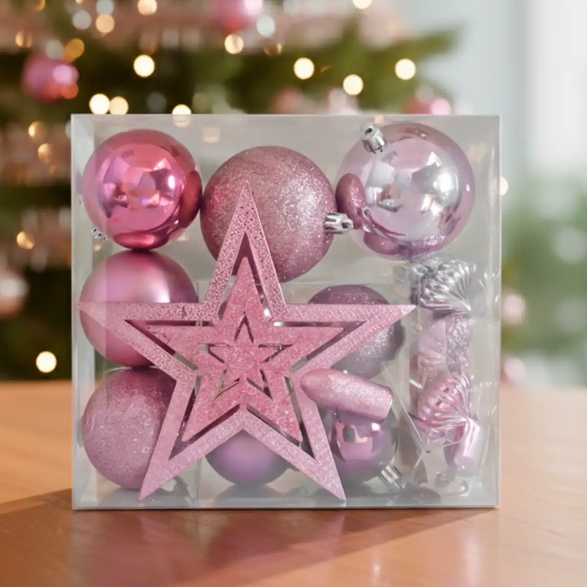 Kit Navideño de Esferas y Estrella, 18 pzas, Color Rosa