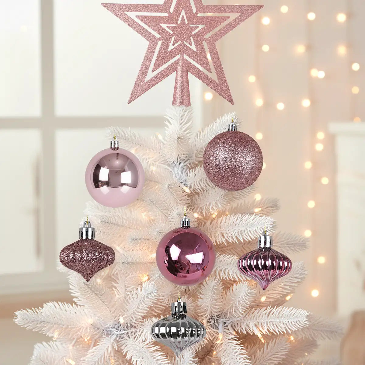 Kit Navideño de Esferas y Estrella, 18 pzas, Color Rosa