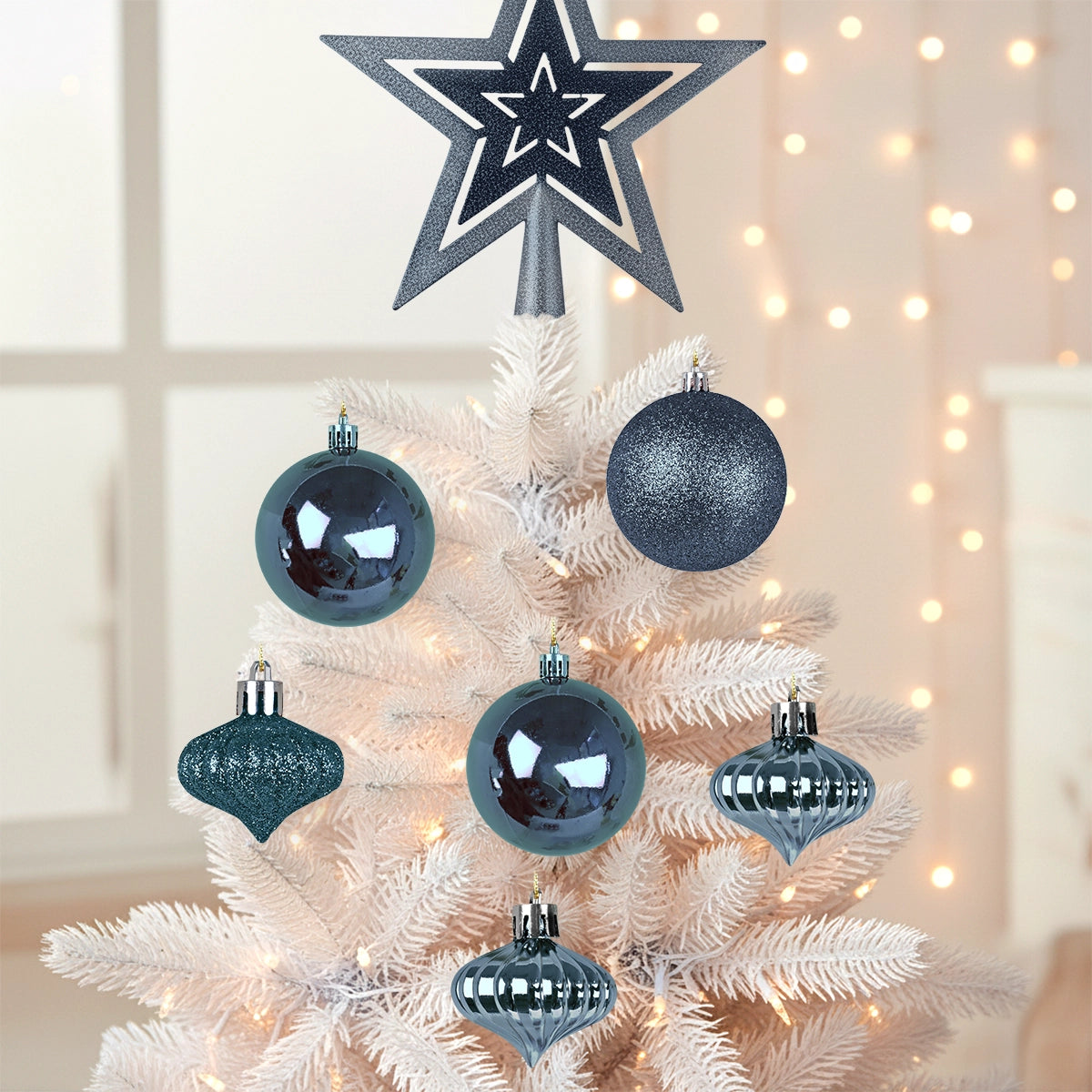 Kit Navideño de Esferas y Estrella, 18 pzas, Color Azul