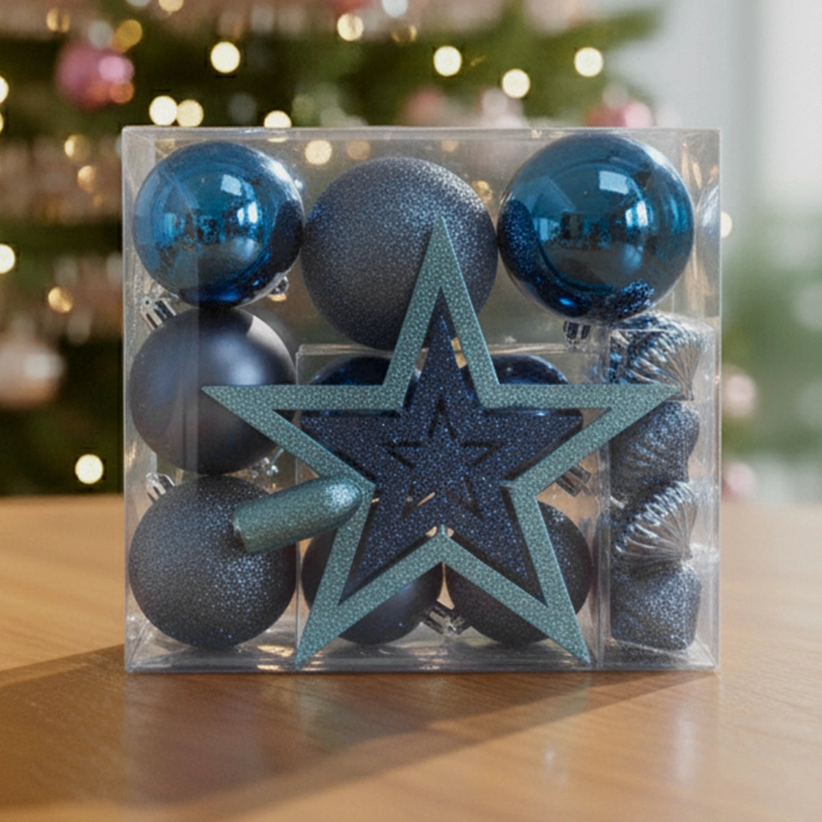 Kit Navideño de Esferas y Estrella, 18 pzas, Color Azul