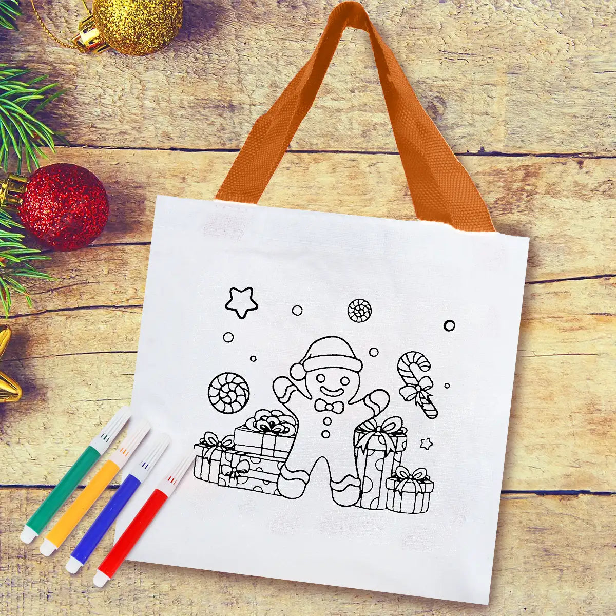 Bolsa de Tela Navideña con Plumones para Pintar, Galleta Jengibre