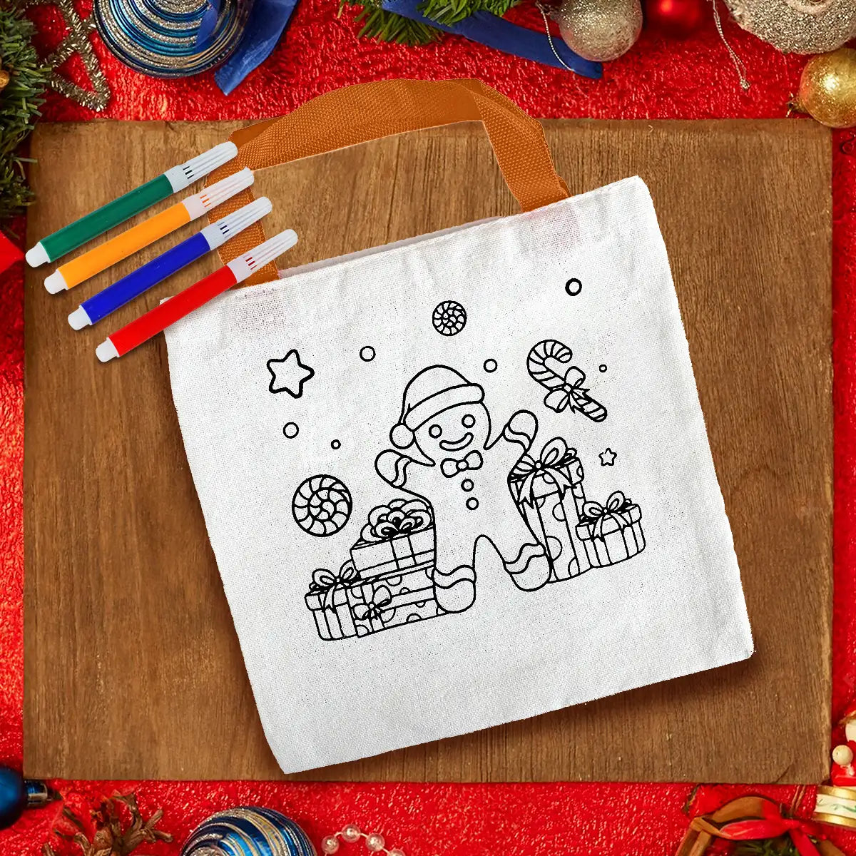 Bolsa de Tela Navideña con Plumones para Pintar, Galleta Jengibre