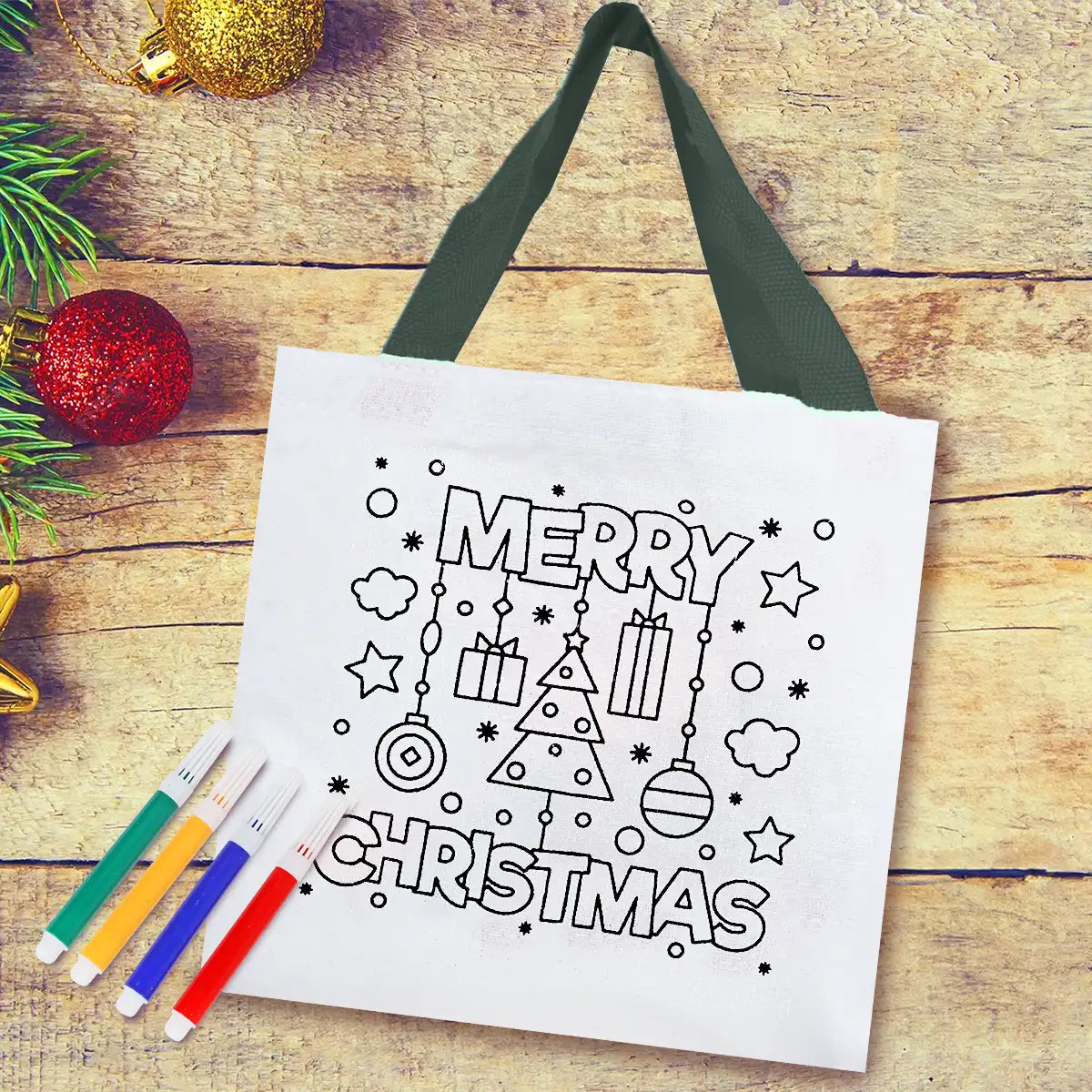 Bolsa de Tela Navideña con Plumones para Pintar, "Merry Christmas"