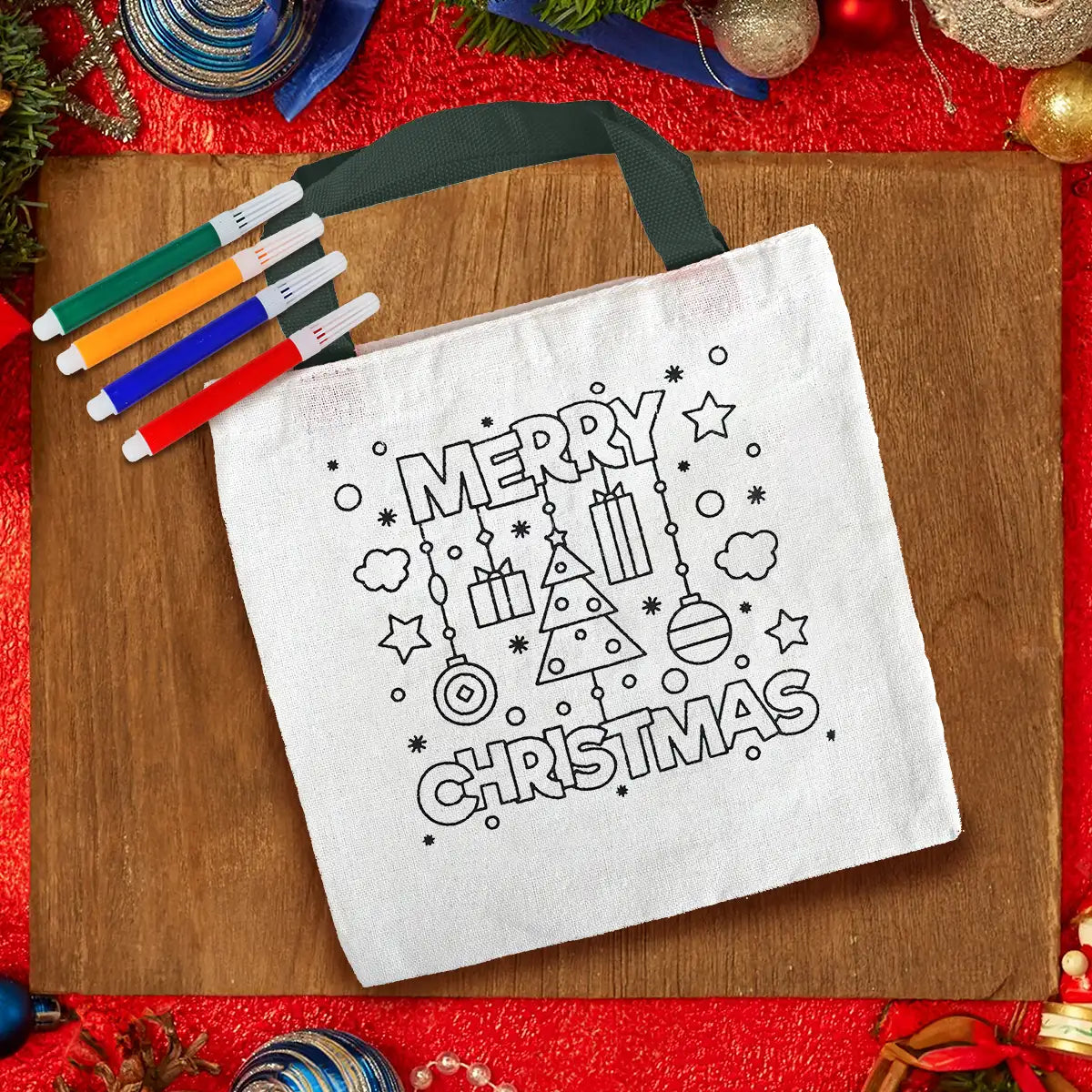 Bolsa de Tela Navideña con Plumones para Pintar, "Merry Christmas"