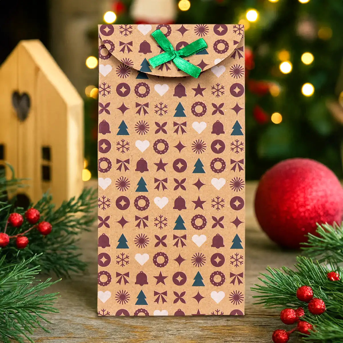Bolsas con Diseño Navideño, Papel Kraft, Diseño Pino