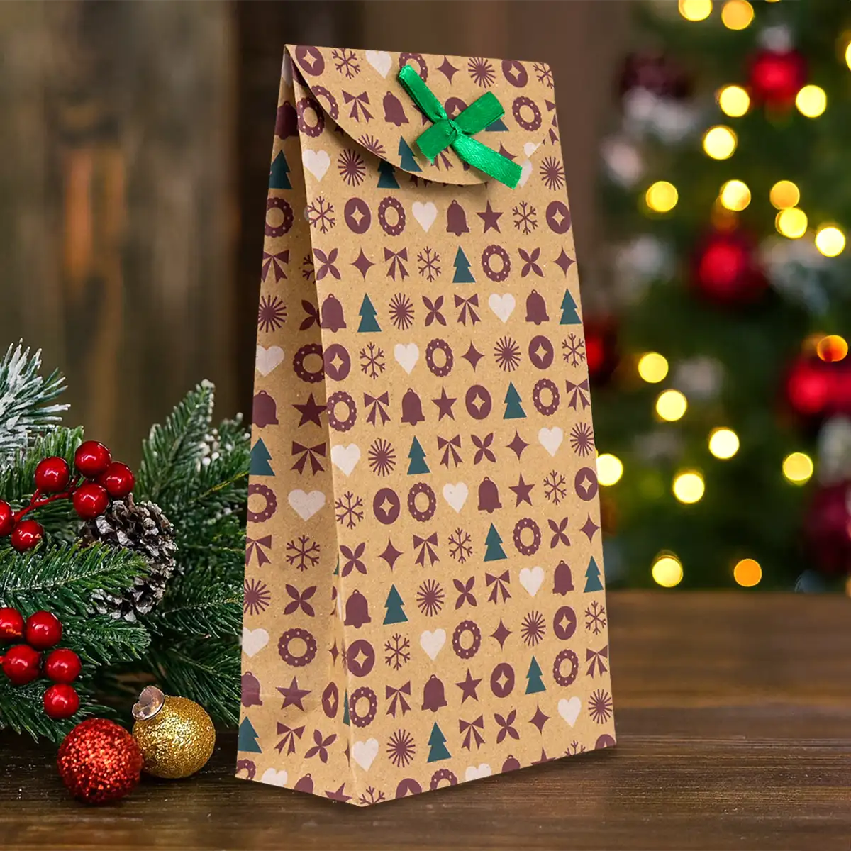 Bolsas con Diseño Navideño, Papel Kraft, Diseño Pino