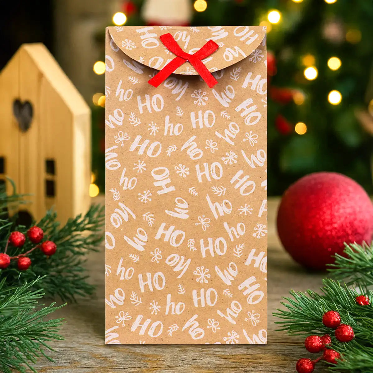 Bolsas con Diseño Navideño, Papel Kraft, Diseño HOHOHO