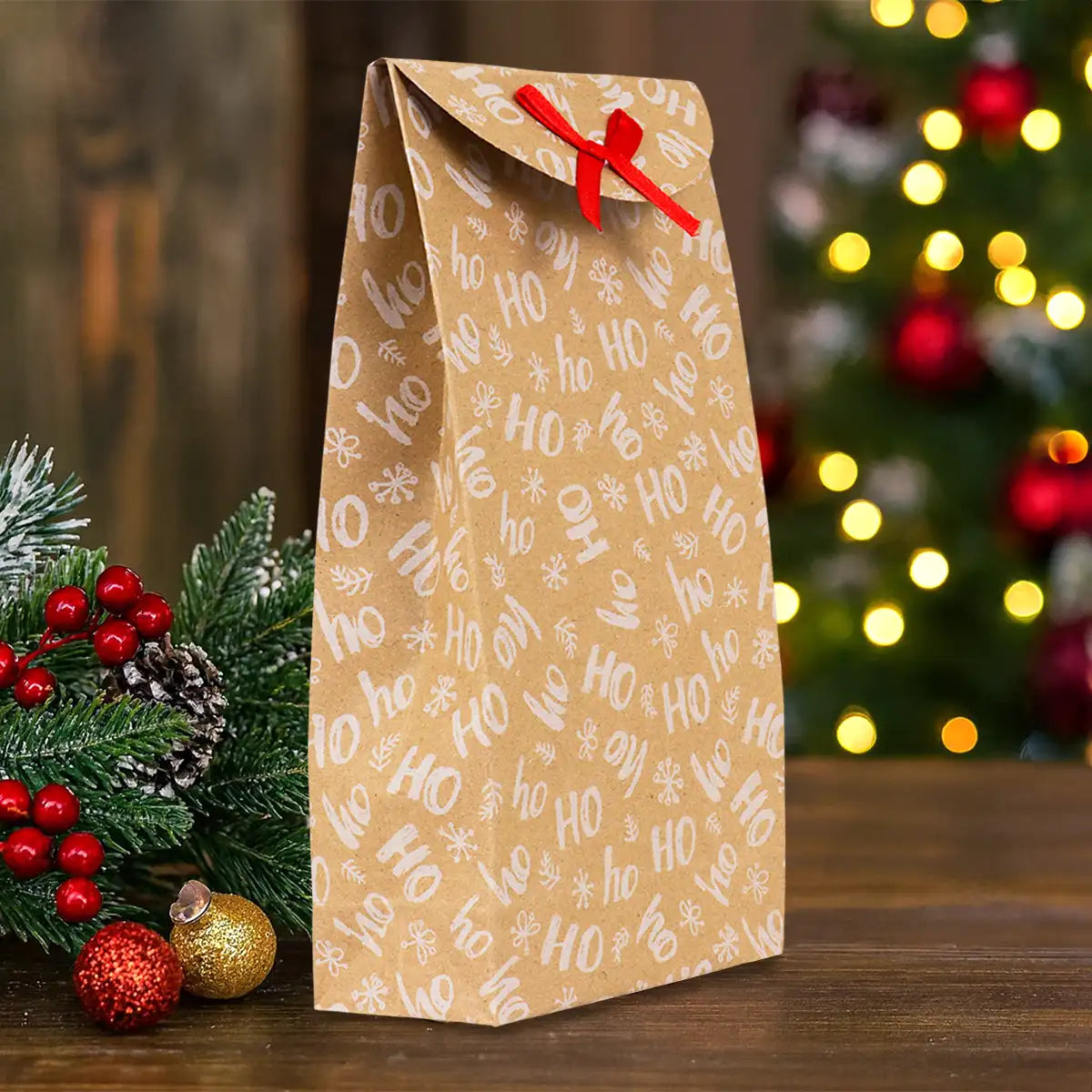 Bolsas con Diseño Navideño, Papel Kraft, Diseño HOHOHO
