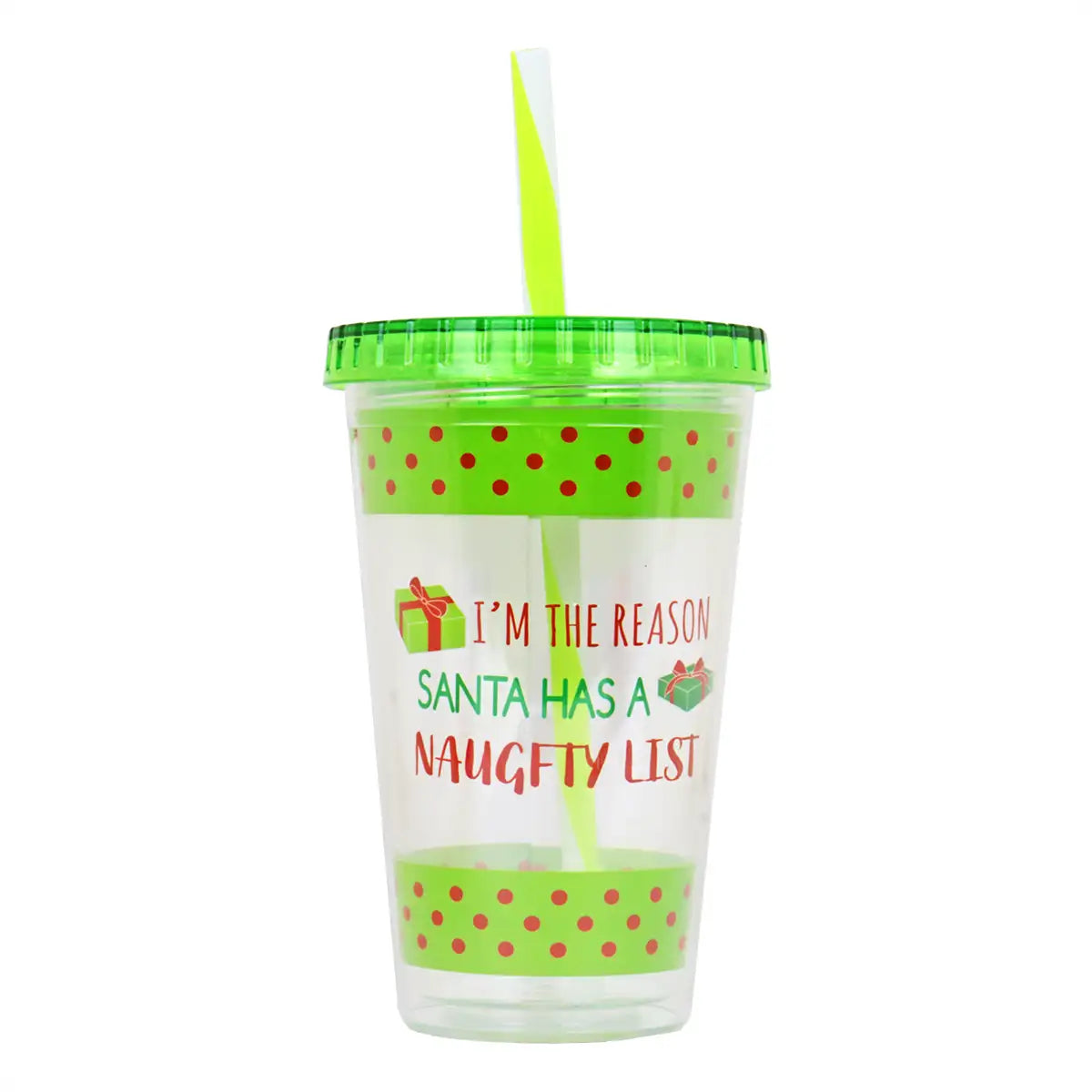 Vaso Navideño con Tapa y Popote, Color Verde