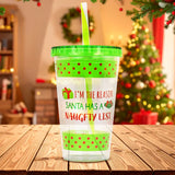 Vaso Navideño con Tapa y Popote, Color Verde