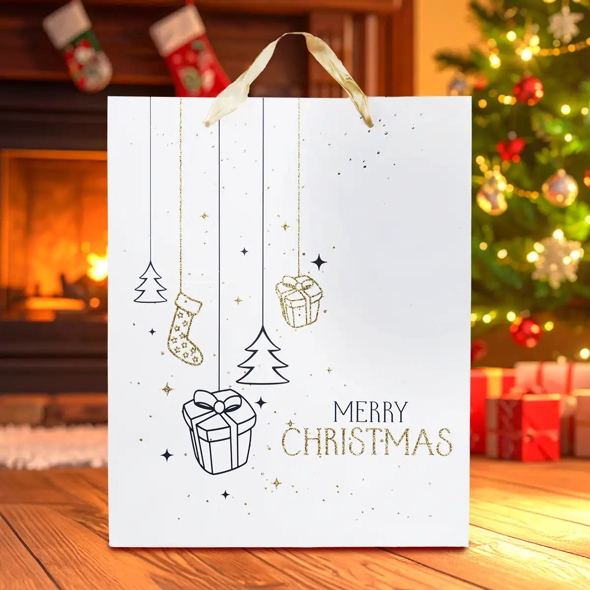 Bolsa de Regalo Navideña "Merry Christmas" Color Blanco