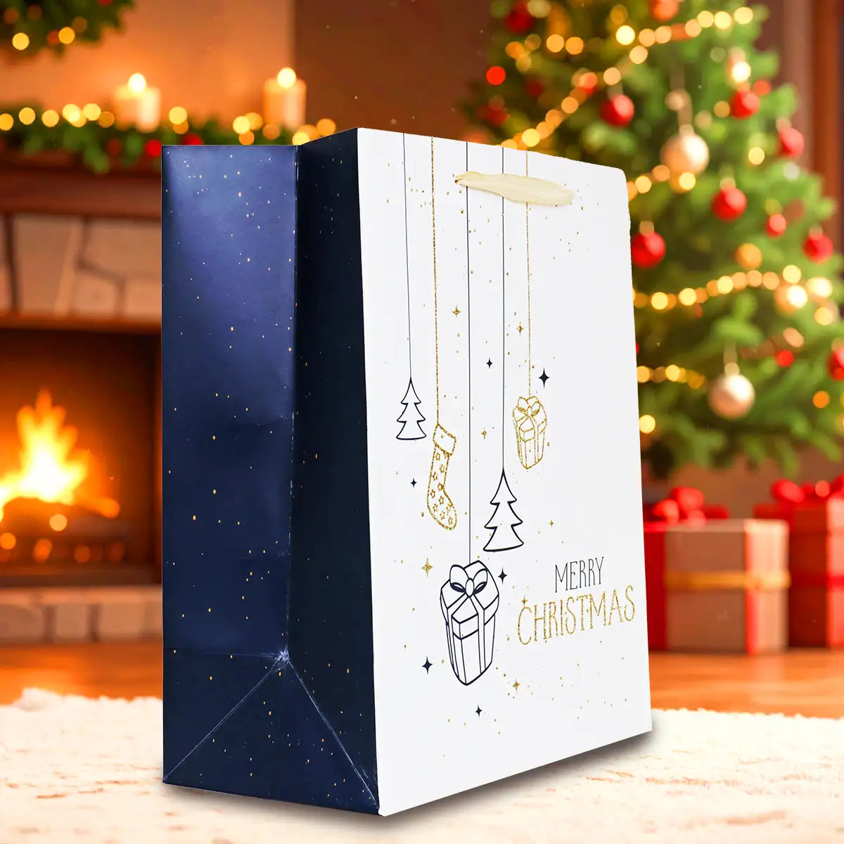 Bolsa de Regalo Navideña "Merry Christmas" Color Blanco