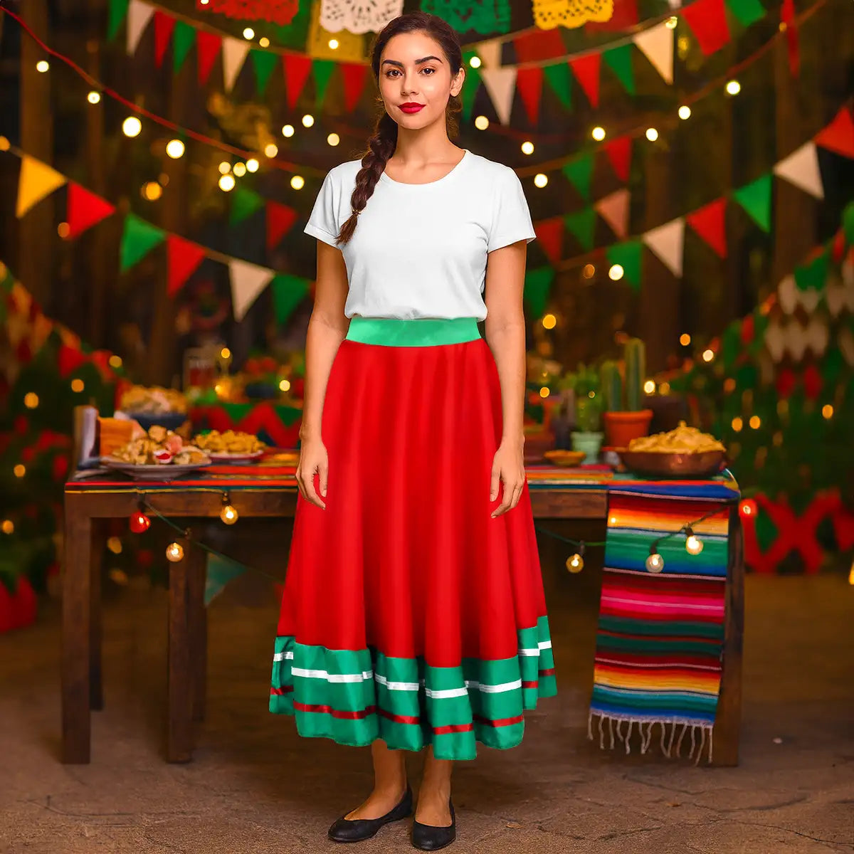 Falda Regional, Color Rojo y Verde, Fiestas Patrias, Talla Grande
