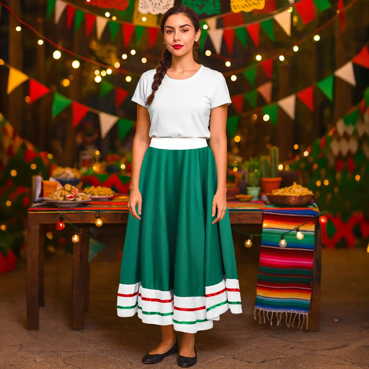 Falda Regional, Color Verde, Fiestas Patrias, Talla Grande