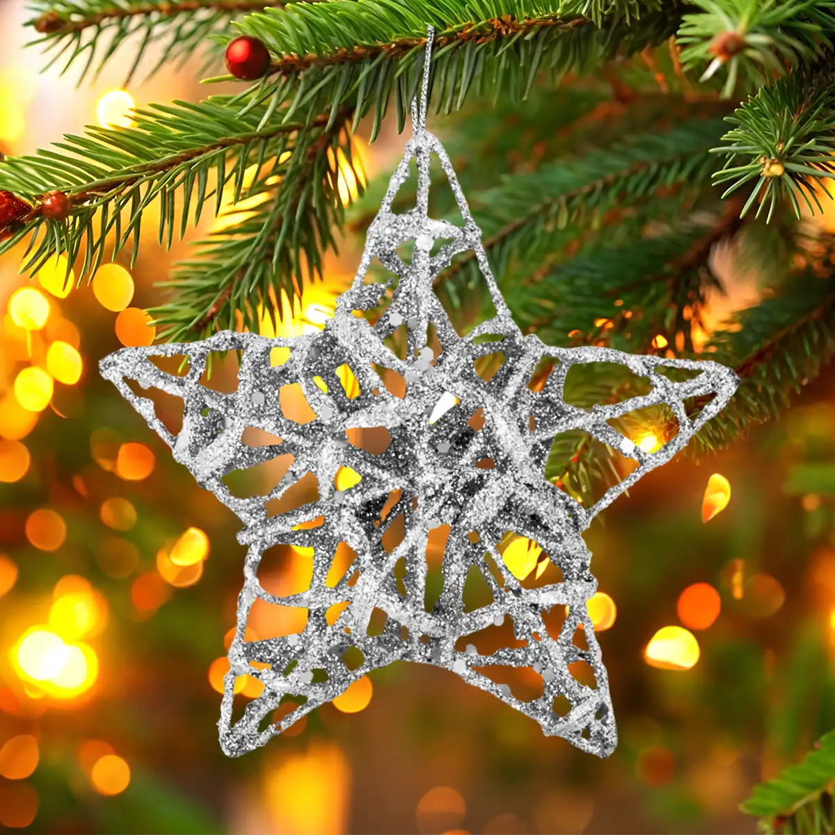 Estrellas, Ornamento Navideño Glitter, Color Plata