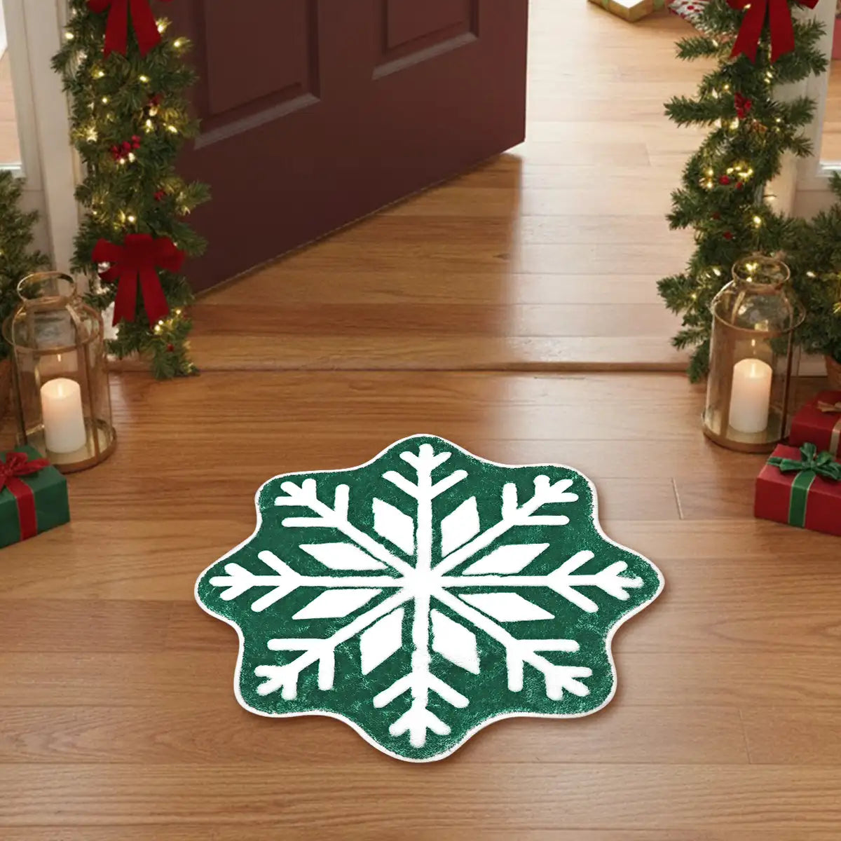 Tapete Navideño, Forma Copo de Nieve, Color Verde