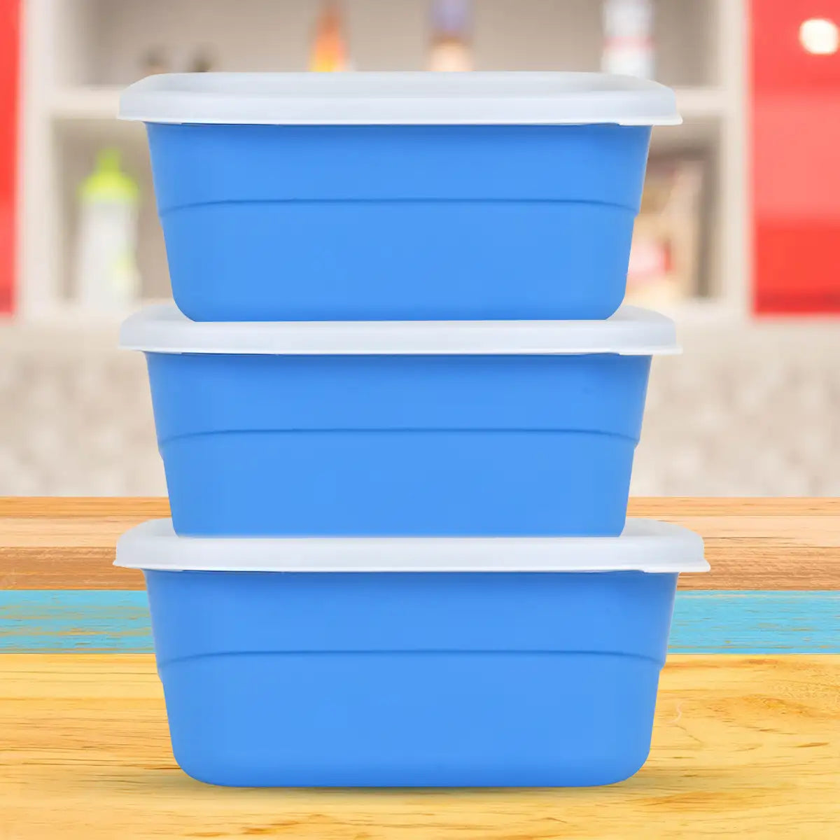 Set de 3 Contenedores Cuadrados, Color Azul con Tapa, 750 ml
