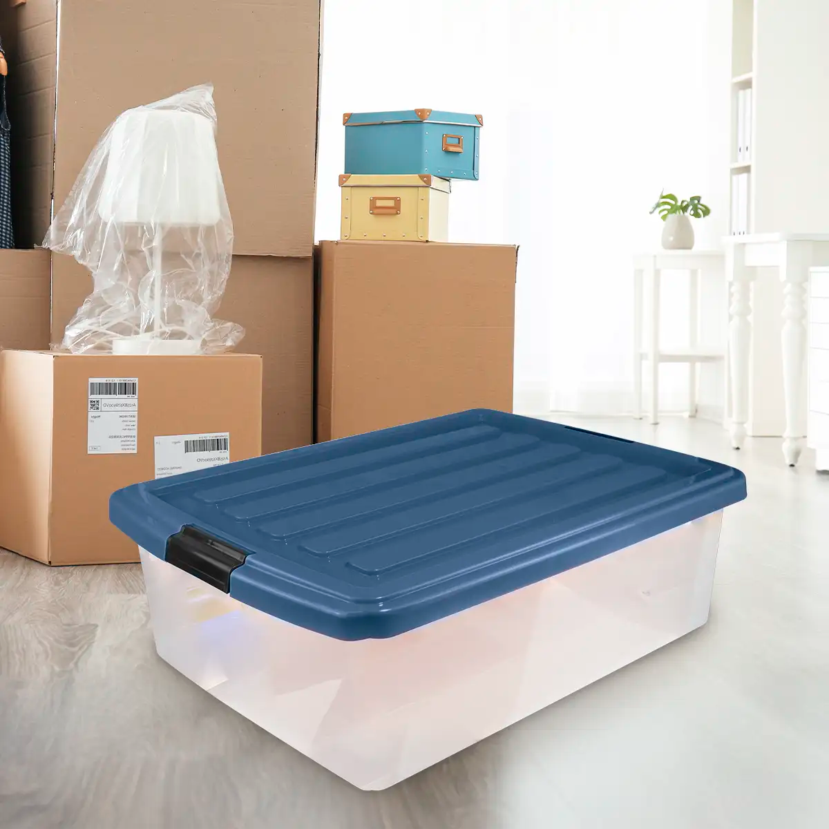 Caja Multiusos de Plástico con Tapa, Color Azul Petróleo, 32 L