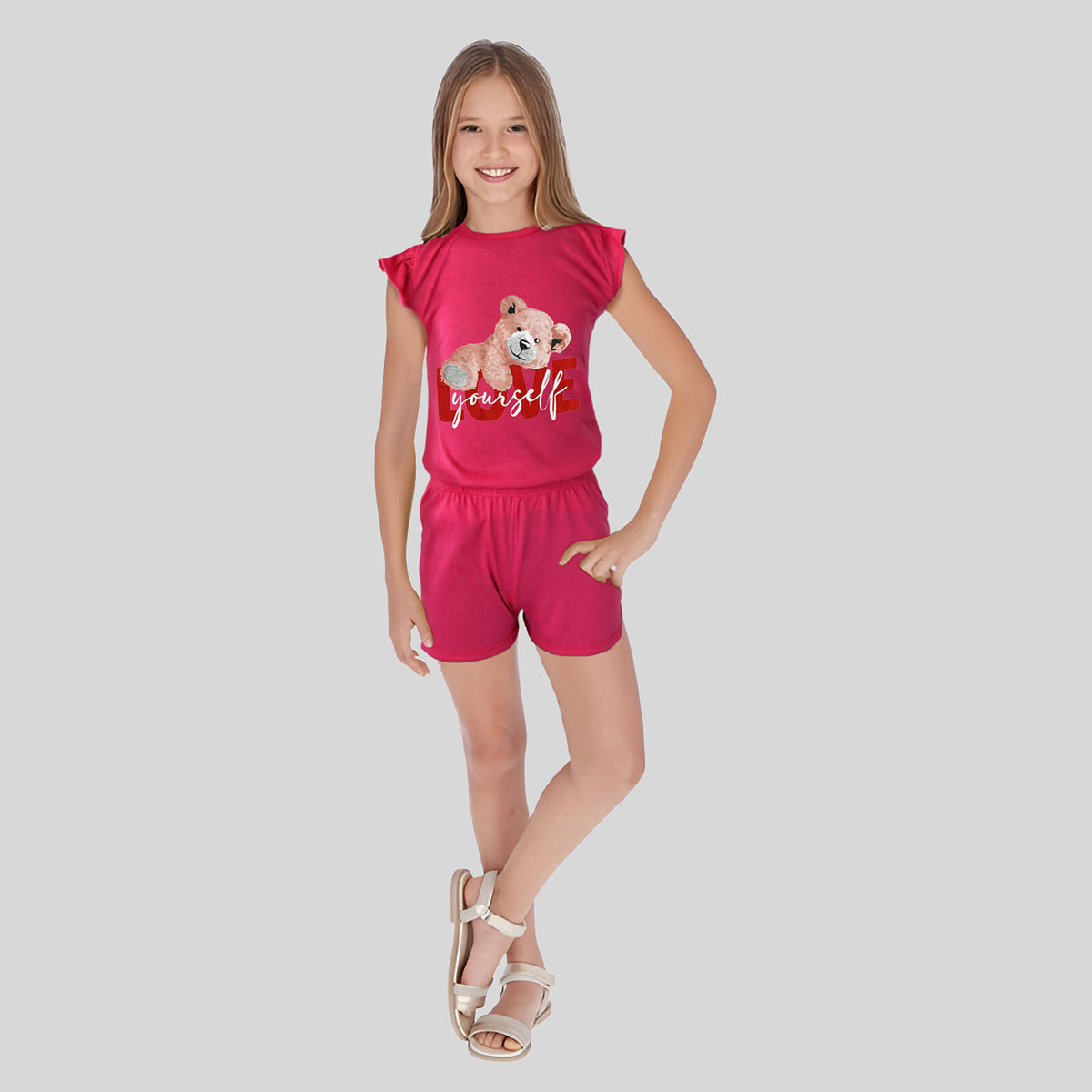 Conjunto de Blusa con Short color Fucsia para Niña, Love Yourself