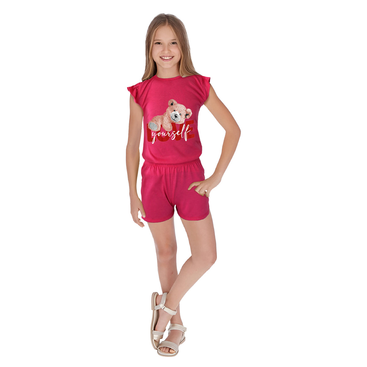 Conjunto de Blusa con Short color Fucsia para Niña, Love Yourself