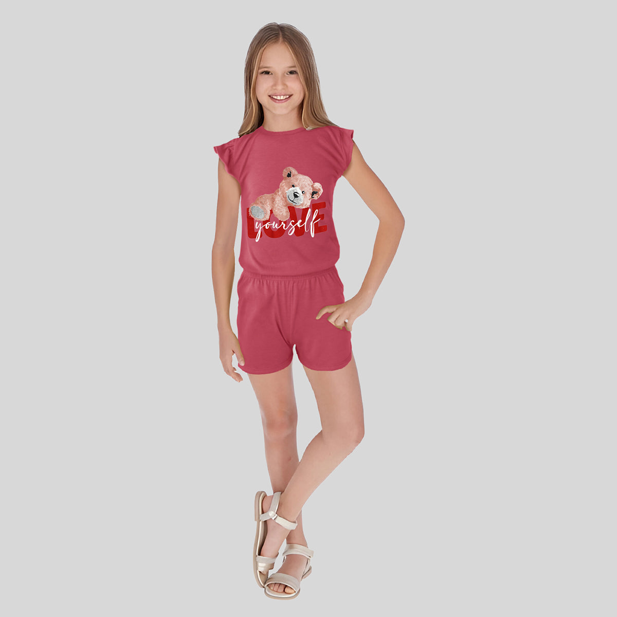 Conjunto de Blusa con Short color Coral para Niña, Love Yourself