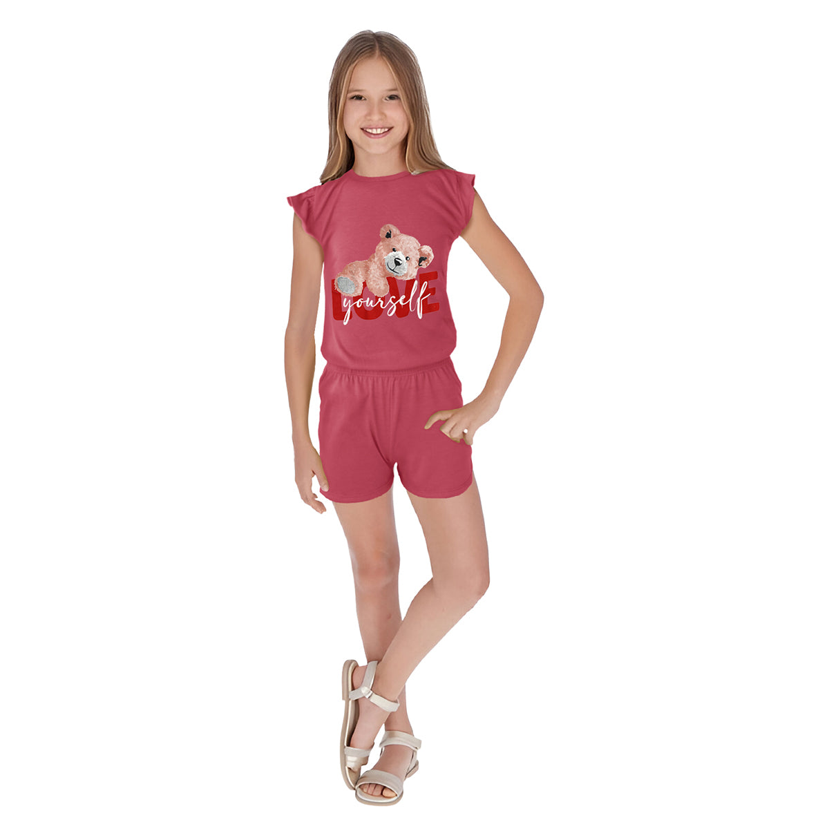 Conjunto de Blusa con Short color Coral para Niña, Love Yourself