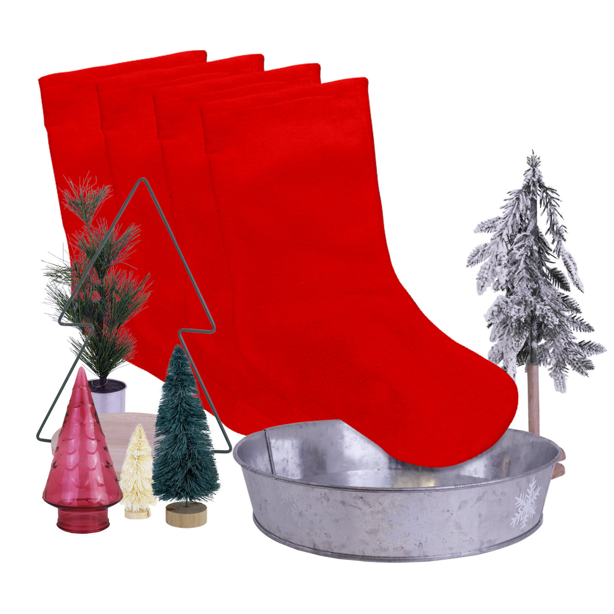 Set Navideño con 4 Botas para Decoración, 6 Arboles Artificiales y 1 Charola Circular