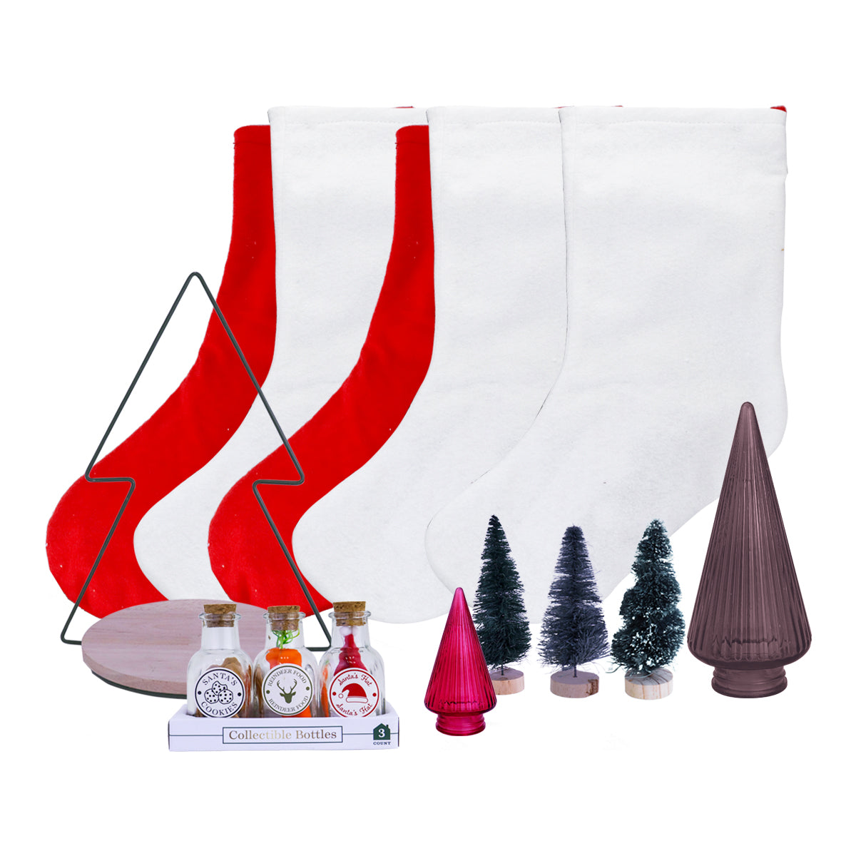 Set Navideño con 5 Botas Navideñas, 1 Decoración de Árbol para Mesa, 5 Mini Árboles Artificiales y Frascos con Detalles Navideños