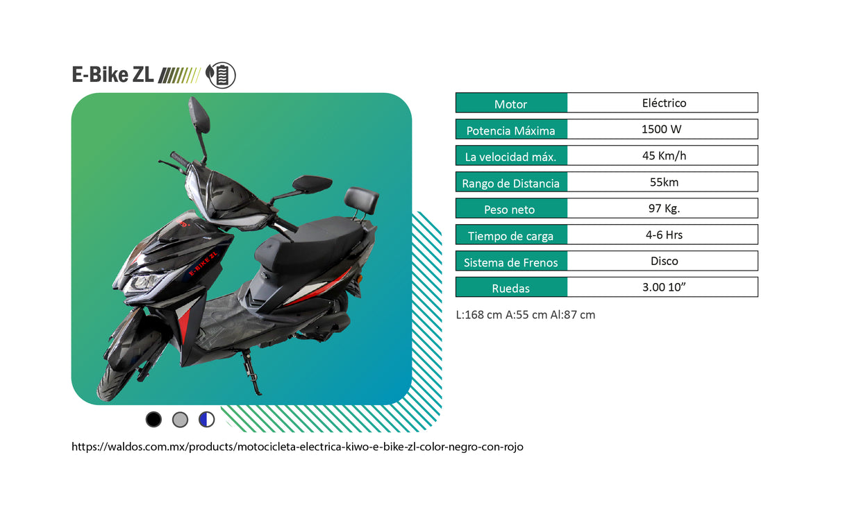 Motocicleta Eléctrica Kiwo E-Bike ZL color Azul con Blanco