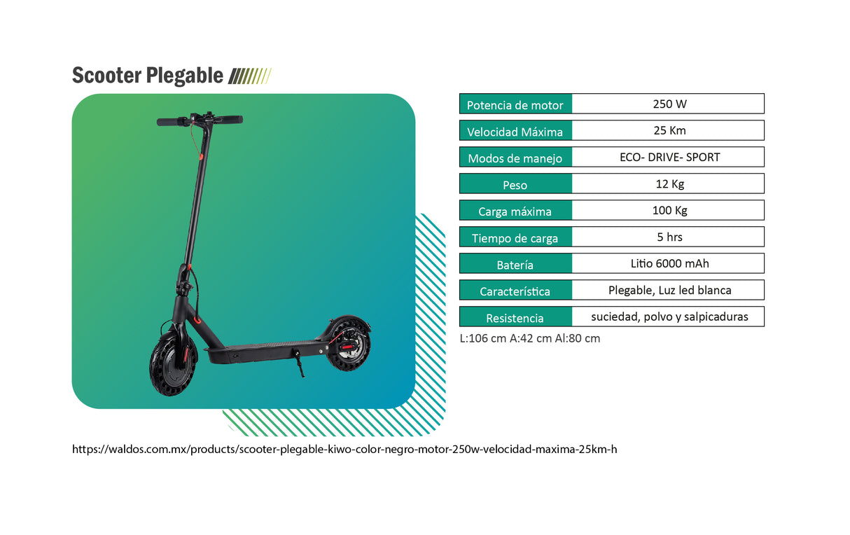 Scooter Plegable Kiwo Color Negro, Motor 250w, Velocidad Máxima 25km/h