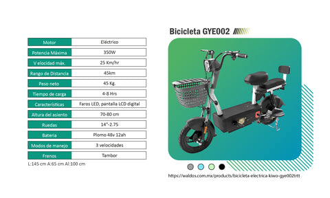 Bicicleta Eléctrica Kiwo GYE002, color Negro