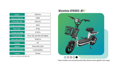 Bicicleta Eléctrica Kiwo GYE003, color Negro