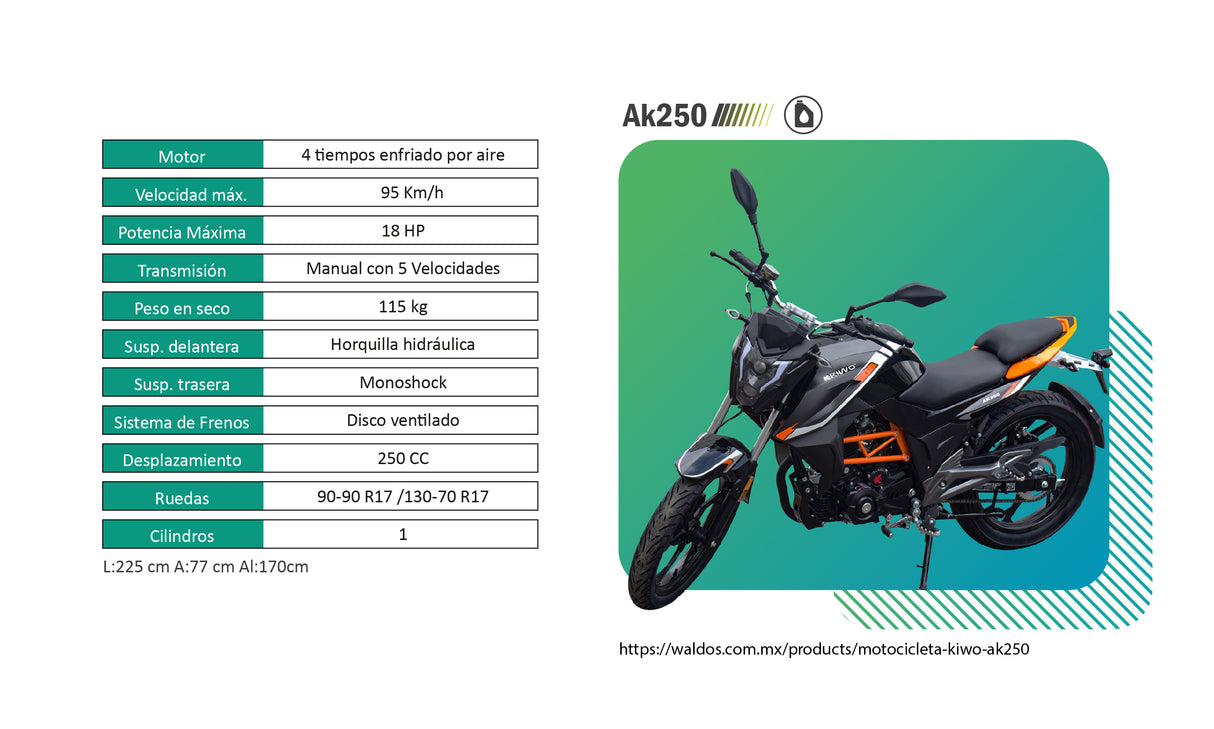 Motocicleta Kiwo Ak250 2025 color Negro con Naranja