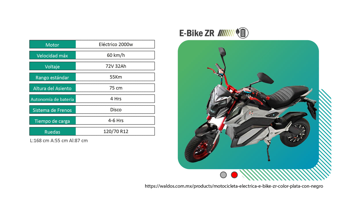 Motocicleta Eléctrica E-Bike ZR color Plata con Negro, Marca Kiwo